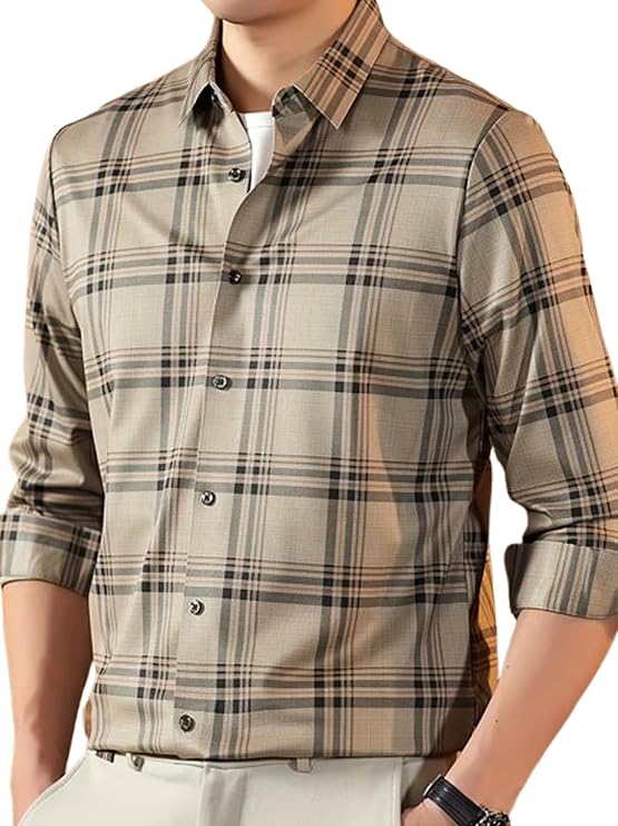 Checkered Button Down Shirt for Men | Slim Fit Casual & Semi-Formal Shirts for Man | Textured Long Sleeve | Office & Weekend Ready